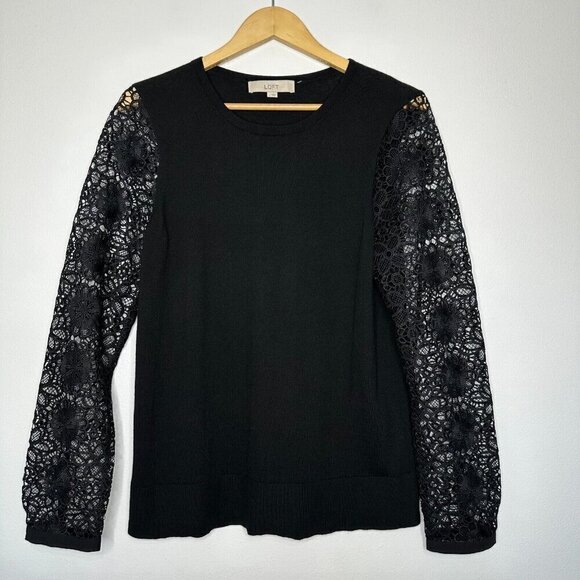 Ann Taylor Loft Sweater Size L Black Lace Long Sleeve Sheer Wool blend - Picture 1 of 12